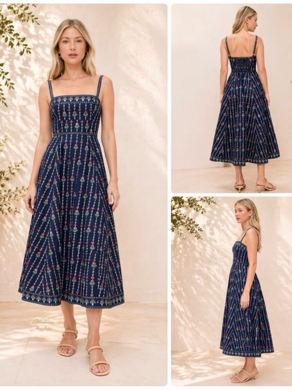 NWT Hill House Margot Midi Dress Trailing Fern Navy Blue Floral Pockets Sz M